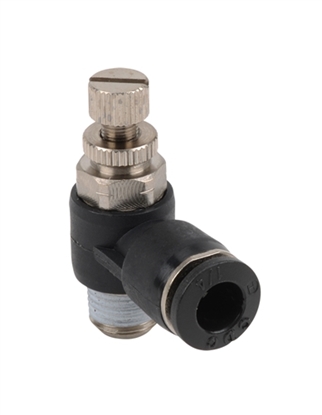 Picture of 1/8 NPT Male to 1/4 Tube, Elbow Meter-Out Flow Valve